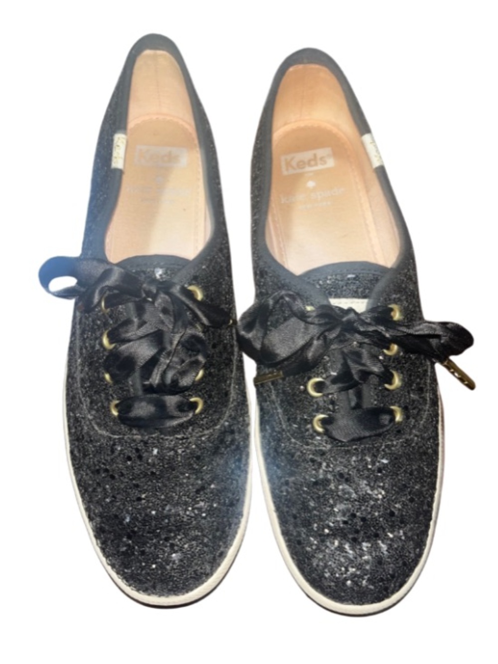Keds x Kate Spade, Black, Glitter Satin Ribbon Lace-Up Sneakers, Size 7.5